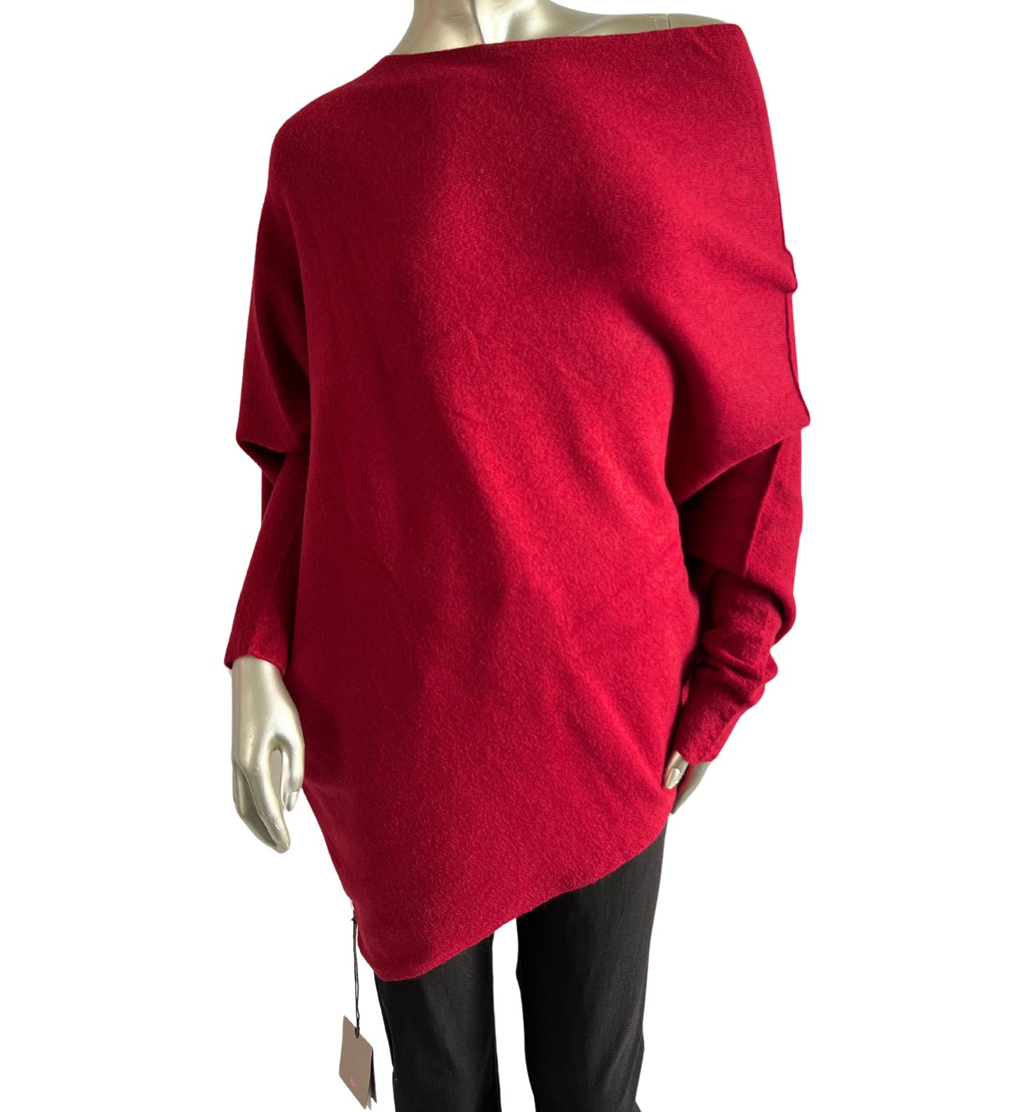 Asymmetric Draped Slouch Neck Soft Jumper with Long Fitted Sleeves in Wine