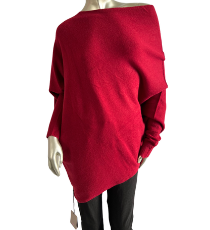 Asymmetric Draped Slouch Neck Soft Jumper with Long Fitted Sleeves in Wine