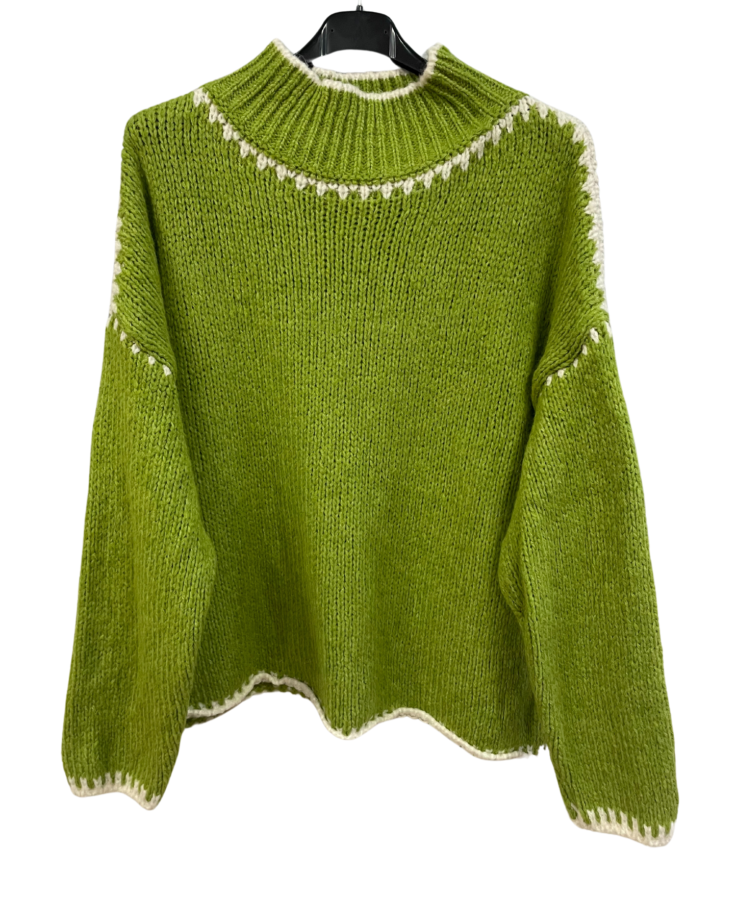 Soft Knitted Italian High Neck Jumper with Blanket Stitch Edging in Lime