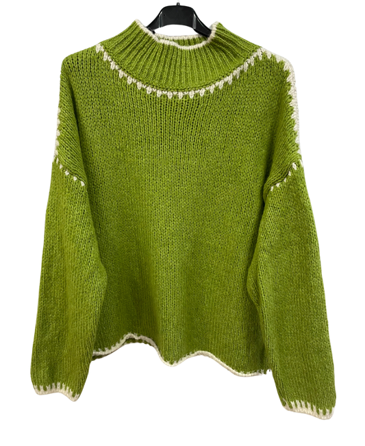 Soft Knitted Italian High Neck Jumper with Blanket Stitch Edging in Lime