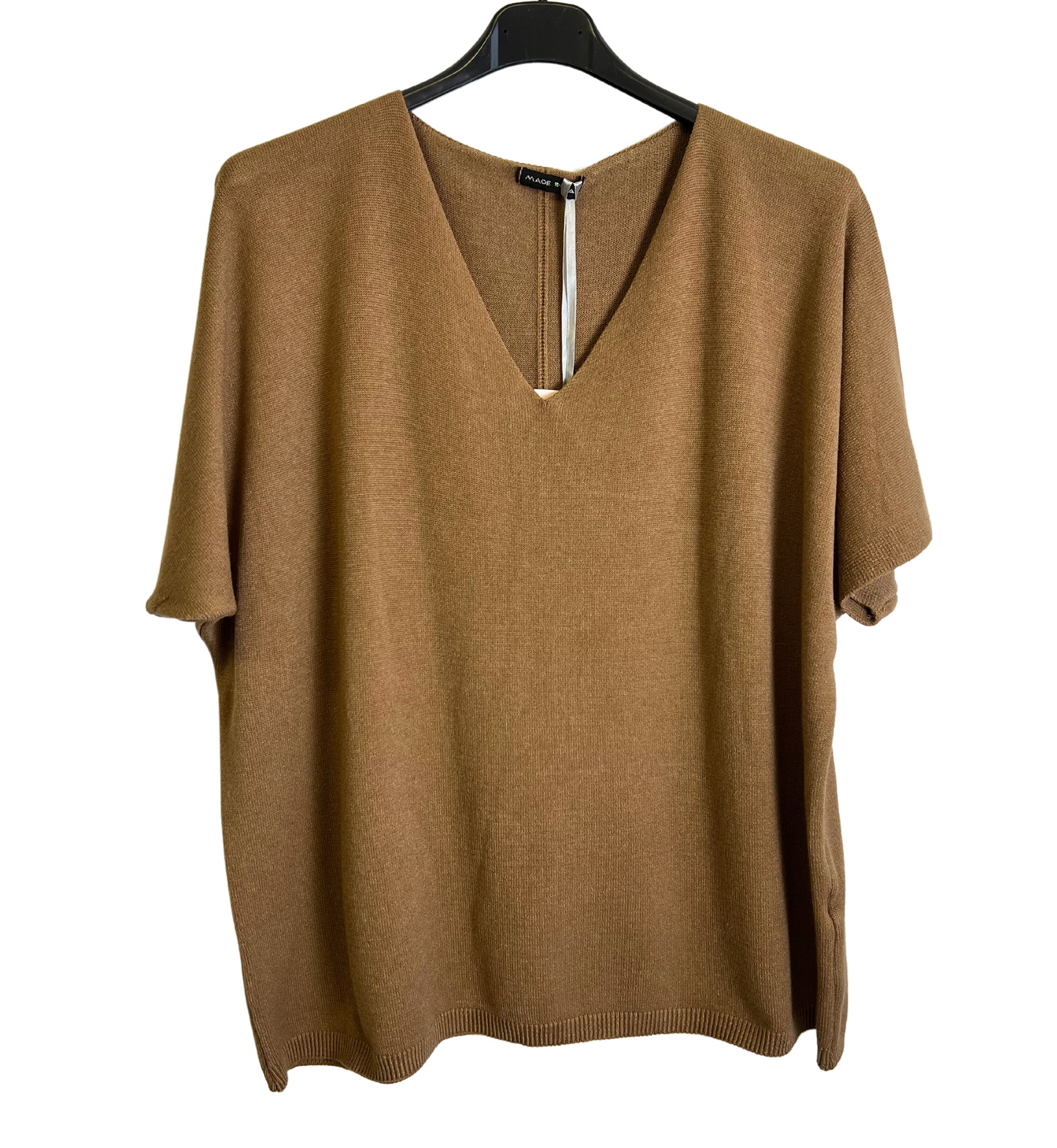 Soft Basic Casual V-Neck Jumper with Short Sleeves in Camel