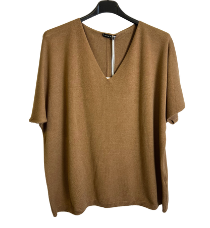 Soft Basic Casual V-Neck Jumper with Short Sleeves in Camel