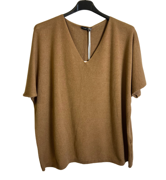 Soft Basic Casual V-Neck Jumper with Short Sleeves in Camel