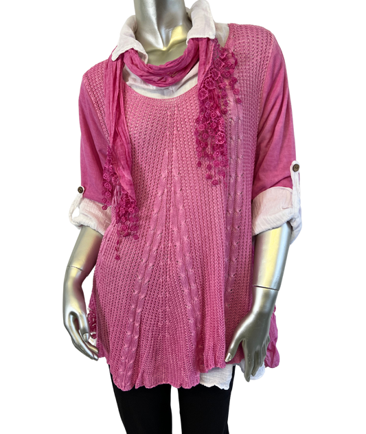 3 Piece Cotton Shirt with Knitted Overtop Tunic and Scarf in Fuchsia