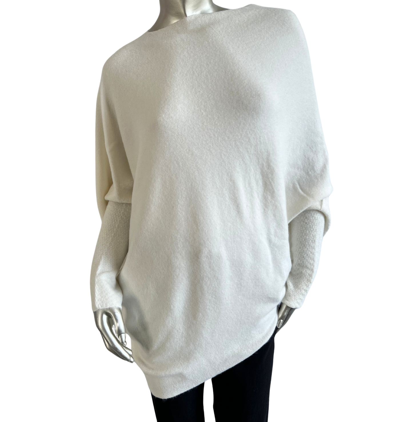 Asymmetric Draped Slouch Neck Soft Jumper with Long Fitted Sleeves in Off-White Cream