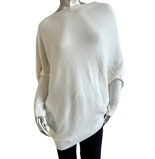 Asymmetric Draped Slouch Neck Soft Jumper with Long Fitted Sleeves in Off-White Cream