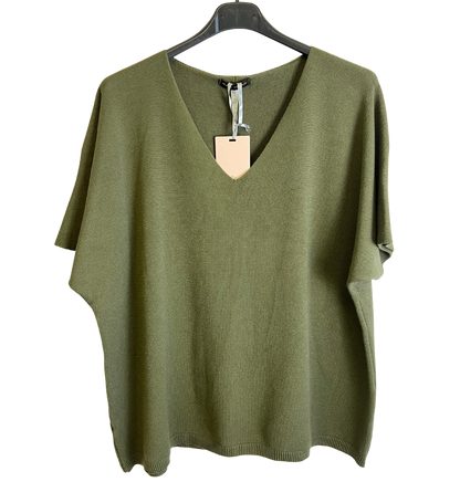 Soft Basic Casual V-Neck Jumper with Short Sleeves in Khaki