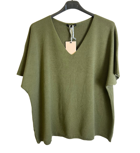 Soft Basic Casual V-Neck Jumper with Short Sleeves in Khaki