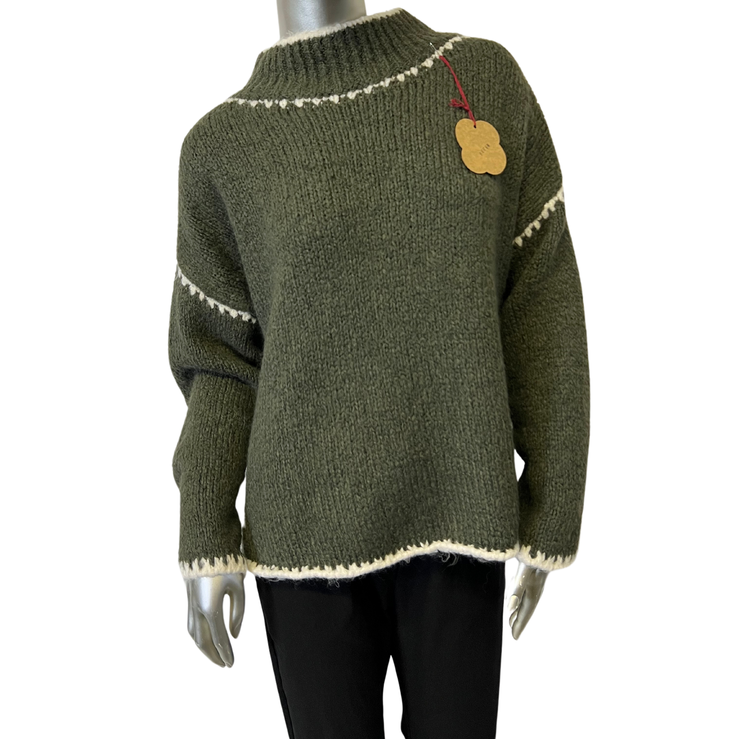 Soft Knitted Italian High Neck Jumper with Blanket Stitch Edging in Khaki