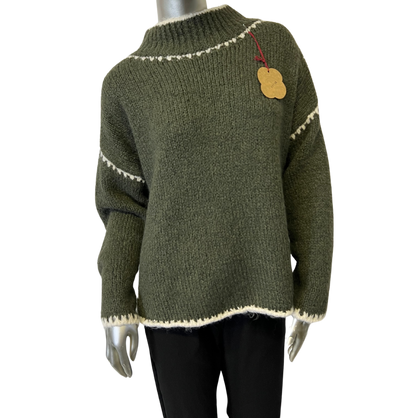 Soft Knitted Italian High Neck Jumper with Blanket Stitch Edging in Khaki