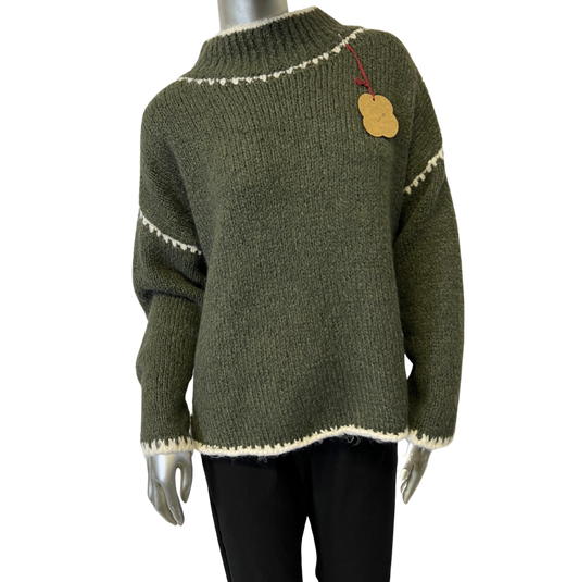 Soft Knitted Italian High Neck Jumper with Blanket Stitch Edging in Khaki