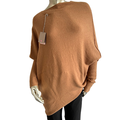 Asymmetric Draped Slouch Neck Soft Jumper with Long Fitted Sleeves