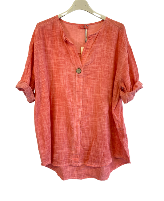 Oversized Cotton & Linen Blend One Button Top in Coral