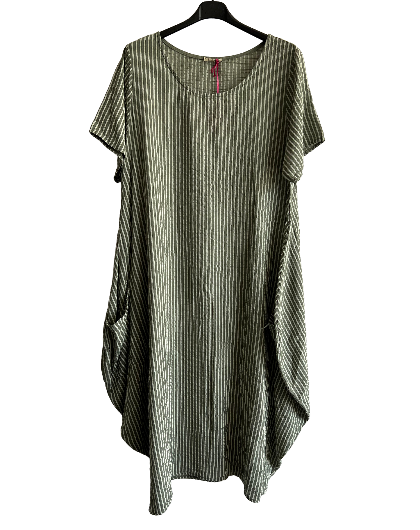 Lagenlook Stripe Cotton Summer Long Dress In Khaki