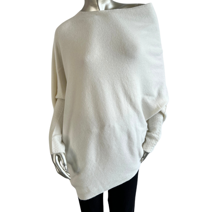 Asymmetric Draped Slouch Neck Soft Jumper with Long Fitted Sleeves in Off-White Cream