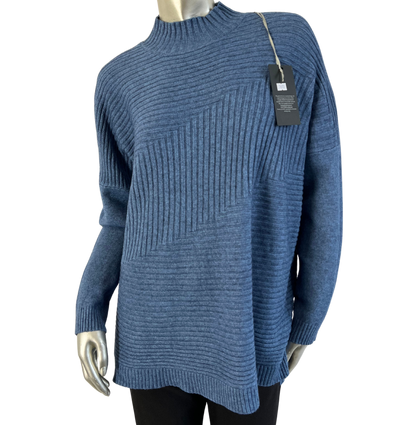 Knitted Italian Ribbed High Neck Long Sleeve Jumper in Denim