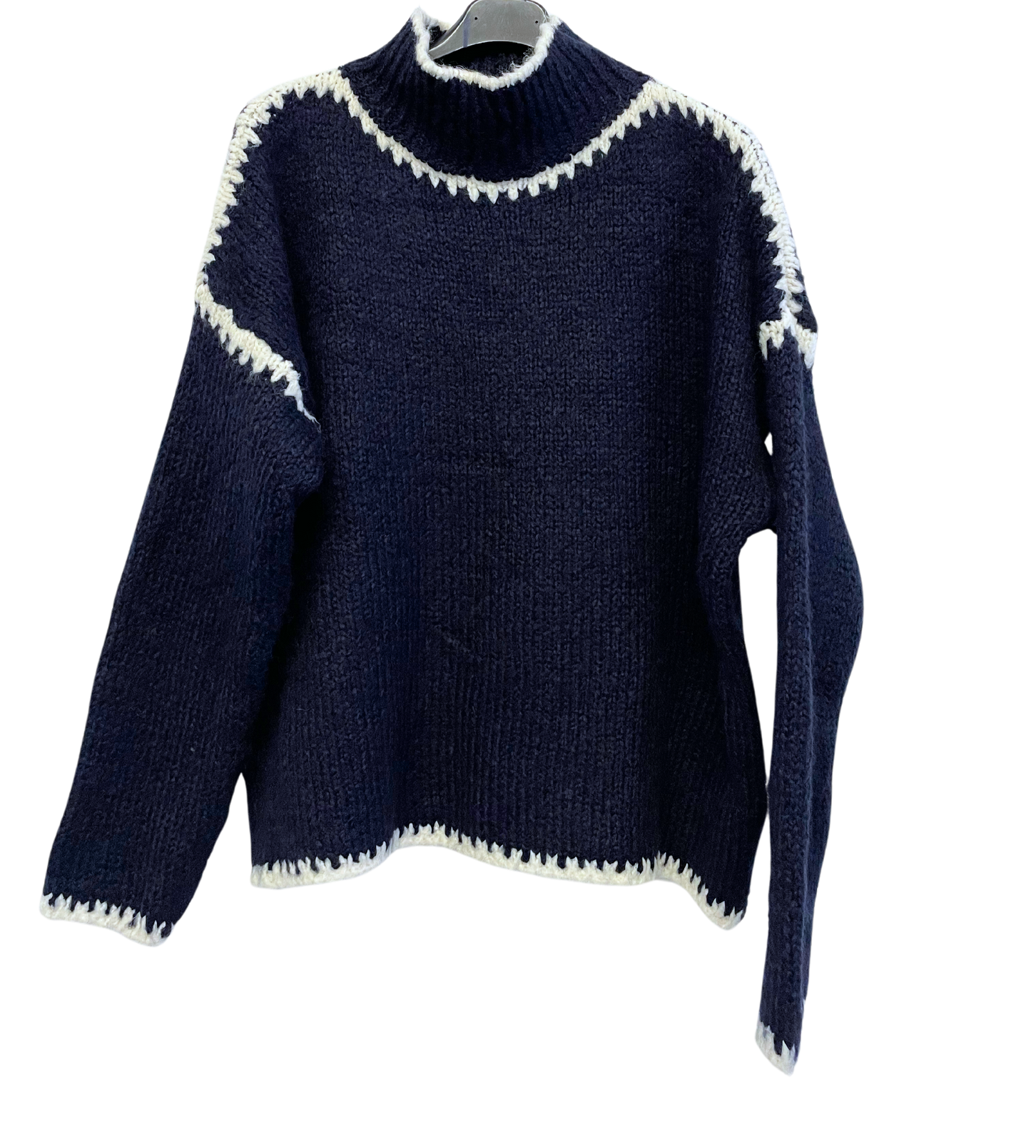 Soft Knitted Italian High Neck Jumper with Blanket Stitch Edging in Navy