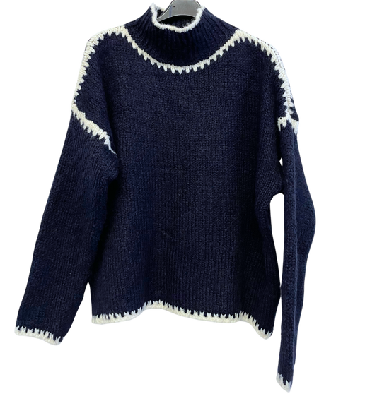 Soft Knitted Italian High Neck Jumper with Blanket Stitch Edging in Navy