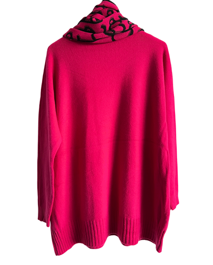 Knitted Long Sleeved Matching Jumper and Scarf Set in Fuchsia