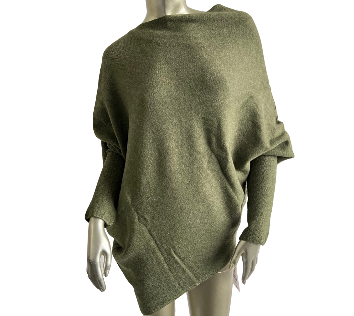 Asymmetric Draped Slouch Neck Soft Jumper with Long Fitted Sleeves in Khaki