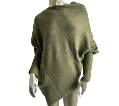 Asymmetric Draped Slouch Neck Soft Jumper with Long Fitted Sleeves