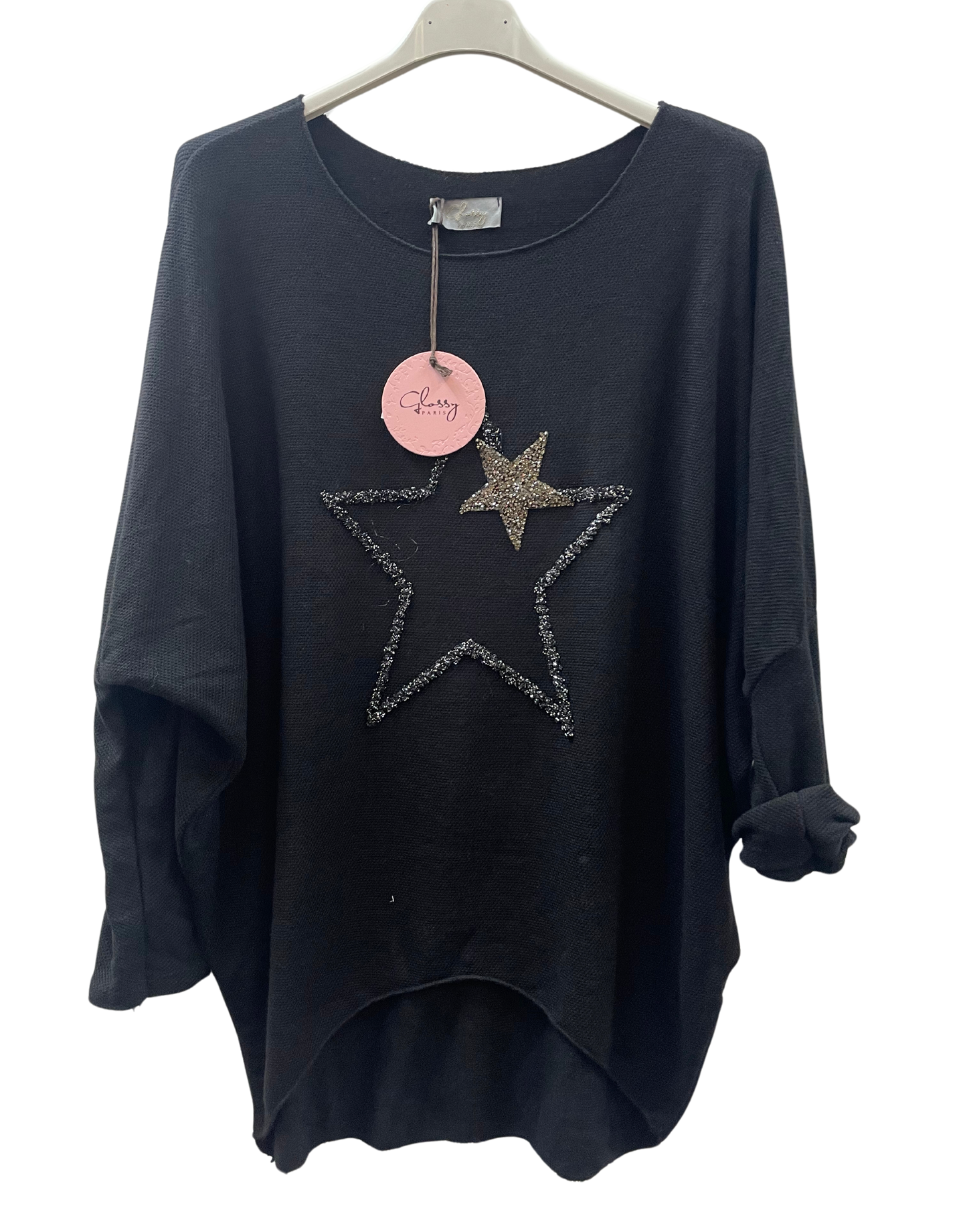 Soft Knit Curved Hem Sparkle Star Design Jumper Top in Black