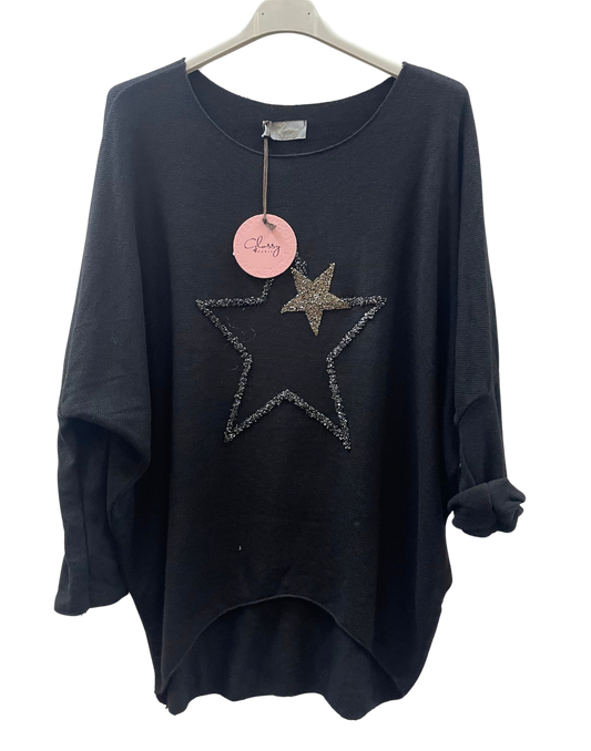 Soft Knit Curved Hem Sparkle Star Design Jumper Top in Black