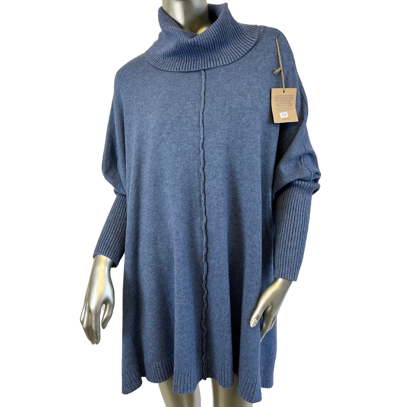 Oversized Knitted Cowl Neck Jumper with Front Seam Detail in Denim