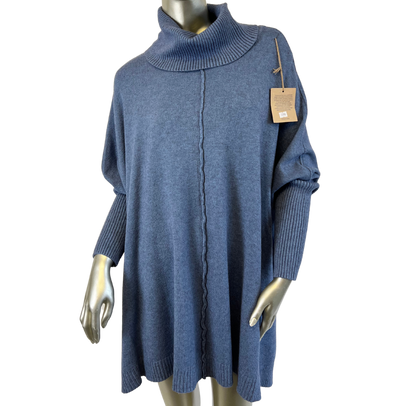 Oversized Knitted Cowl Neck Jumper with Front Seam Detail in Denim