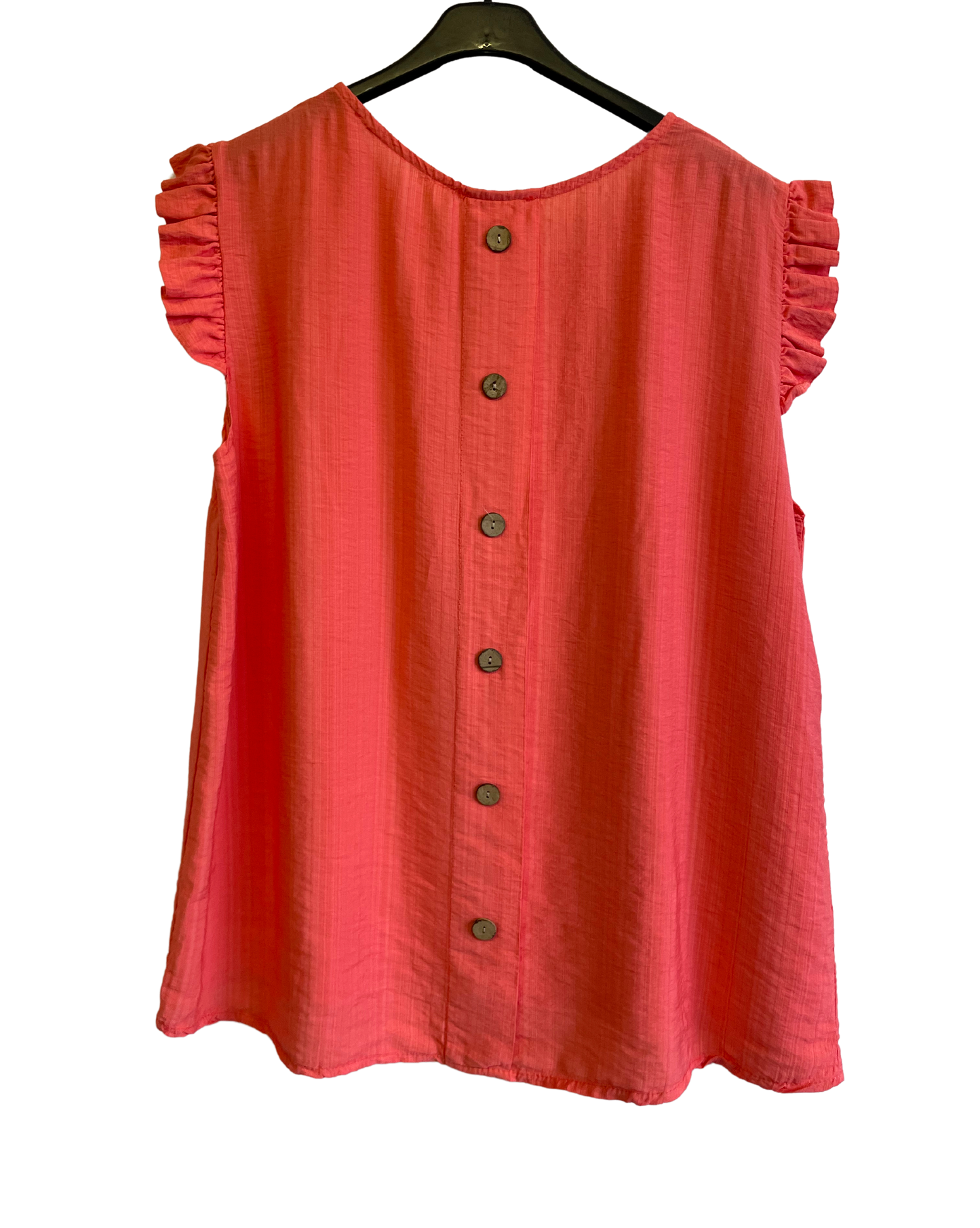 Button Back Summer Frill Cap Sleeve Plain Vest Top in Coral