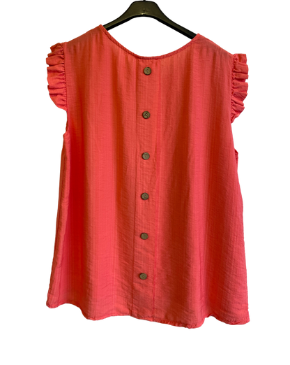 Button Back Summer Frill Cap Sleeve Plain Vest Top in Coral