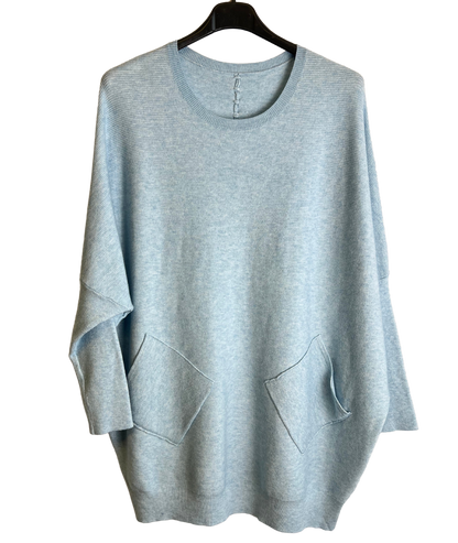 Lagenlook Italian Plait Back Design 2 Pocket Jumper in Light Blue