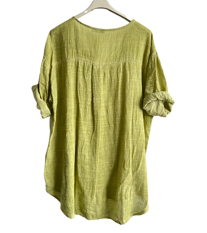 Oversized Cotton & Linen Blend Button Top In Lime