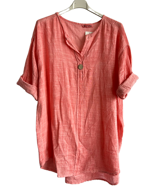 Oversized Cotton & Linen Blend Button Top In Coral