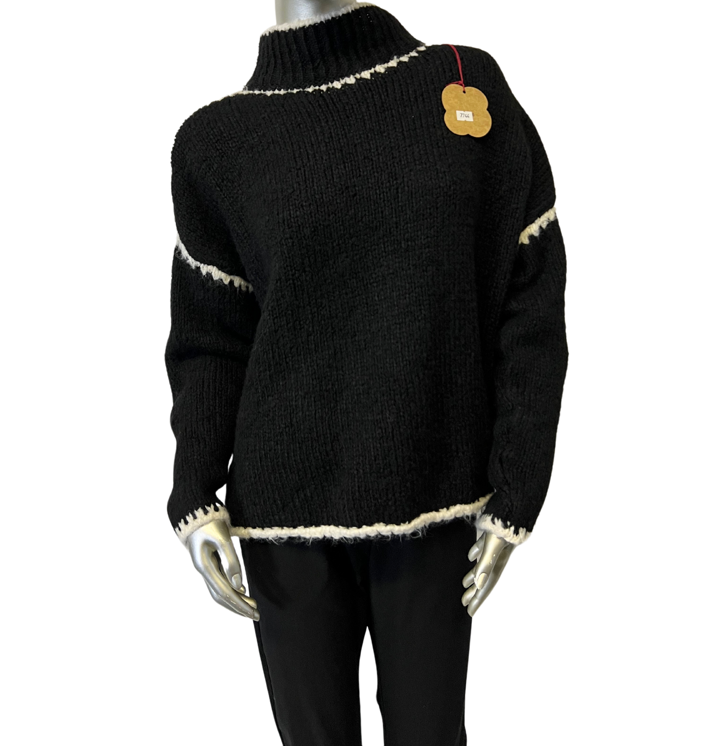 Soft Knitted Italian High Neck Jumper with Blanket Stitch Edging in Black