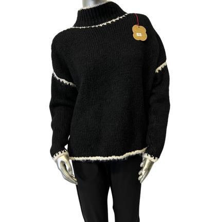 Soft Knitted Italian High Neck Jumper with Blanket Stitch Edging in Black