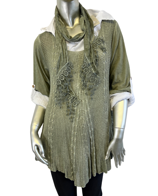 3 Piece Cotton Shirt with Knitted Overtop Tunic and Scarf in Khaki