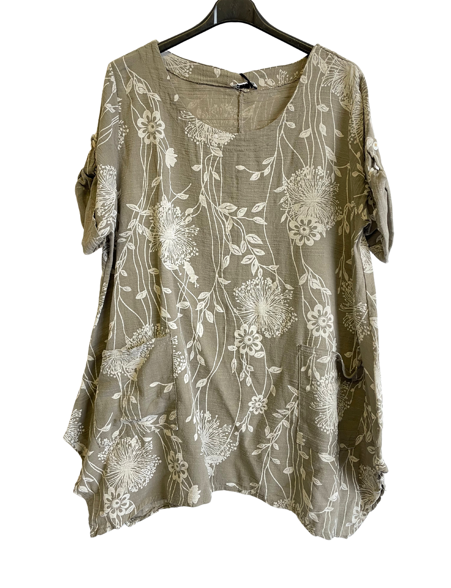 Lightweight Oversized 2 Pocket Floral Cotton & Linen Top in Mocha