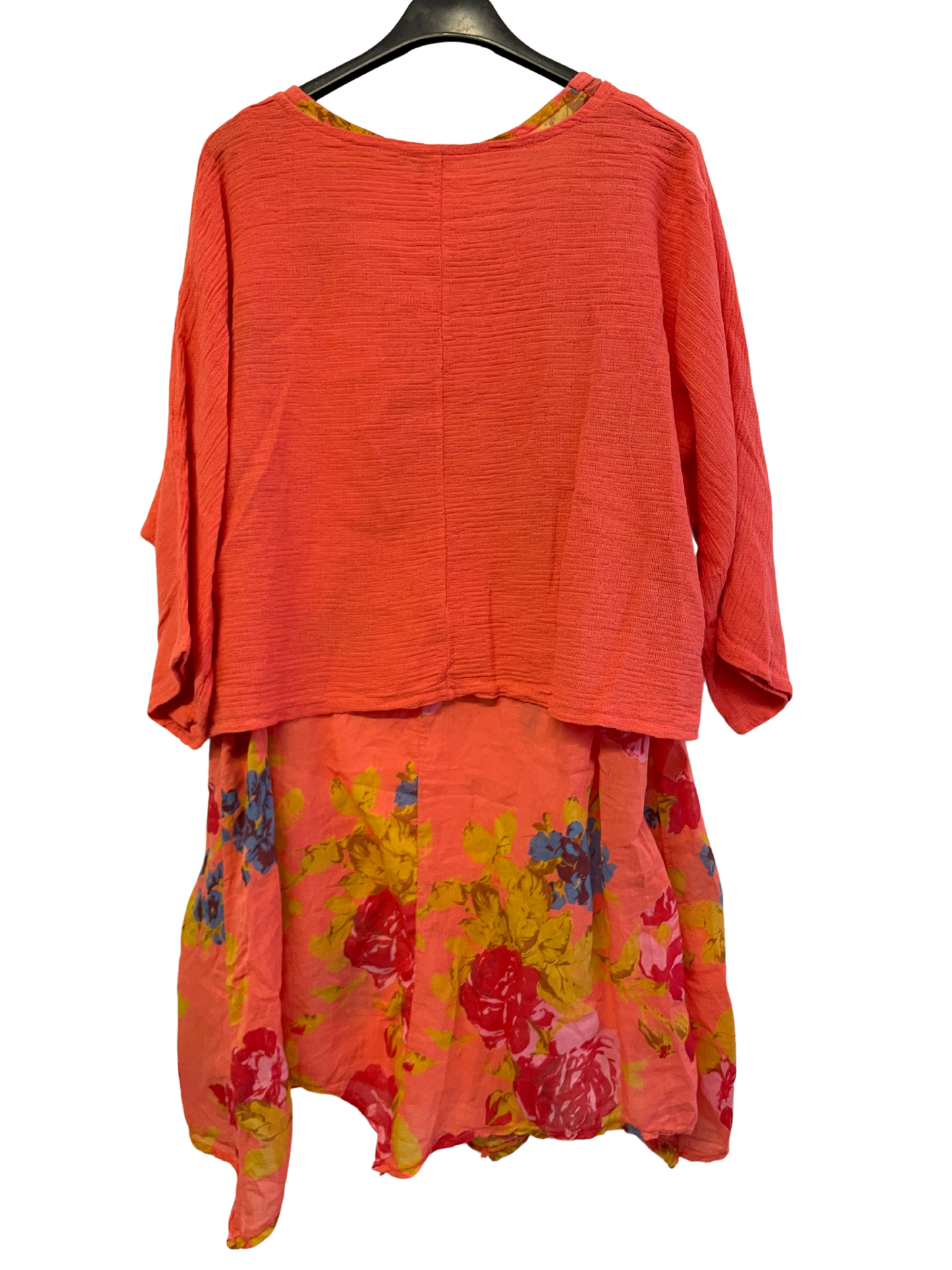 2 Piece Floral Dress Asymmetric Hem with Plain Top in Coral