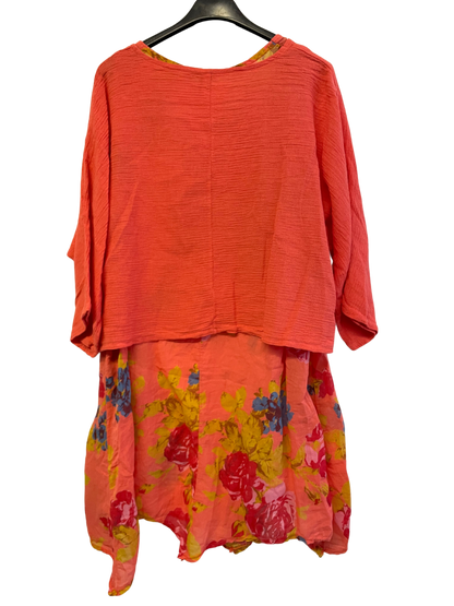 2 Piece Floral Dress Asymmetric Hem with Plain Top in Coral