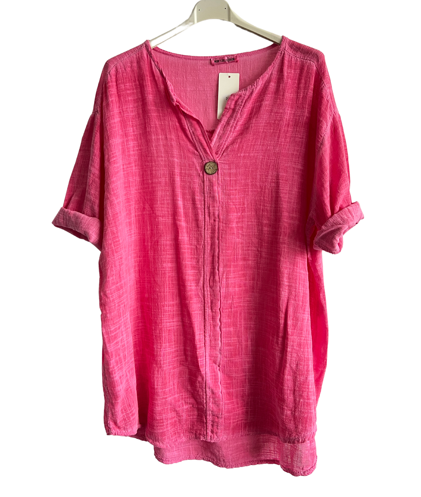 Oversized Cotton & Linen Blend Button Top In Fuchsia