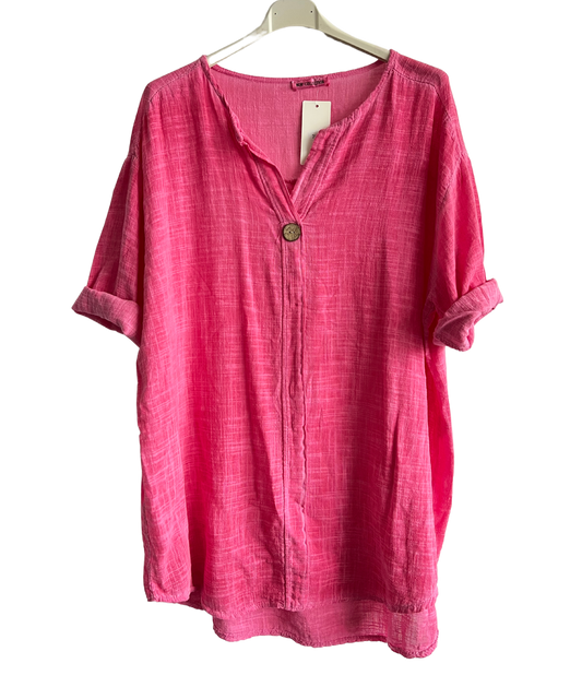 Oversized Cotton & Linen Blend Button Top In Fuchsia