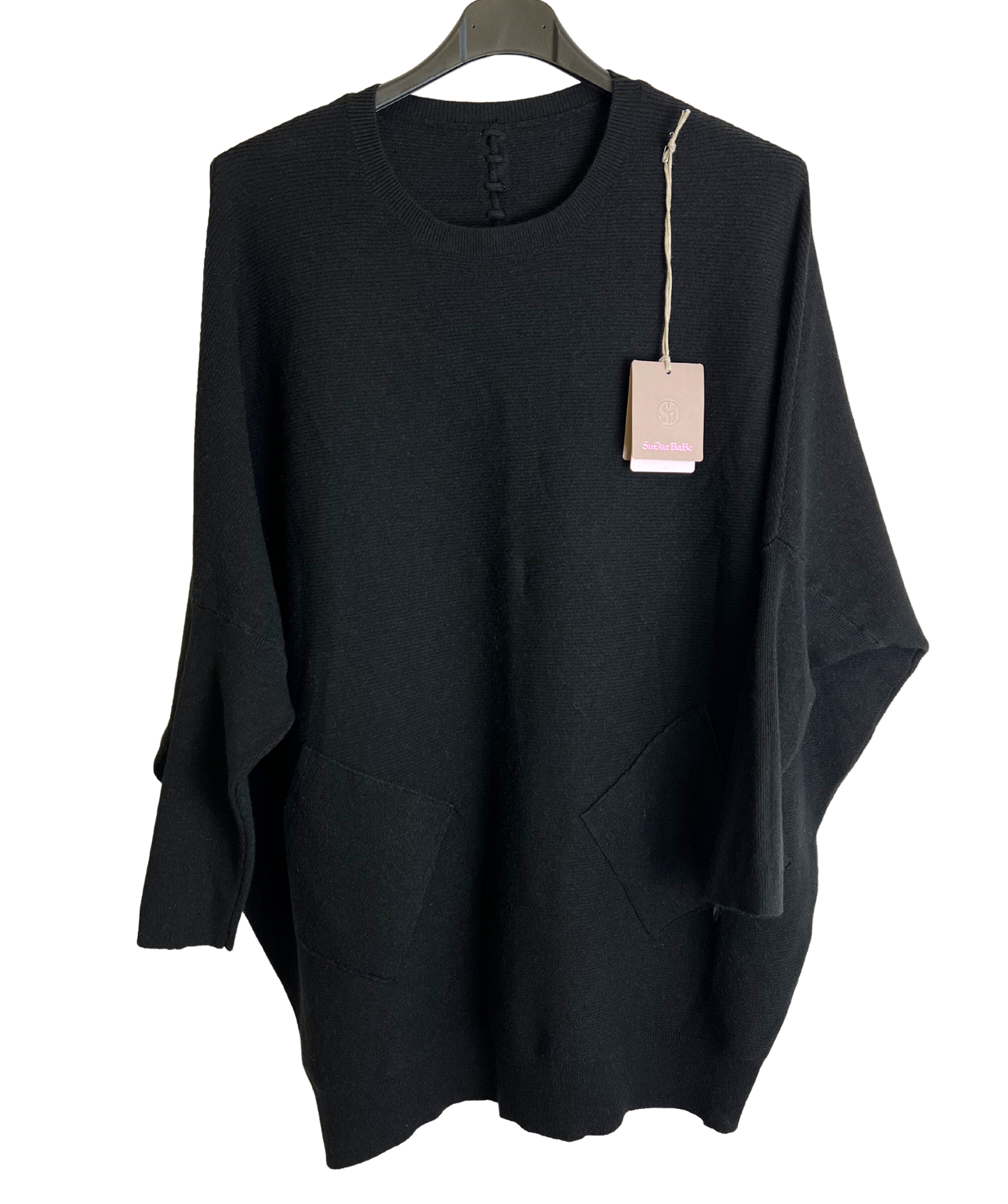 Lagenlook Italian Plait Back Design 2 Pocket Jumper in Black