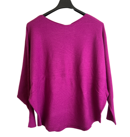 Soft Knit V-Neck Curved Hem Jumper in Magenta