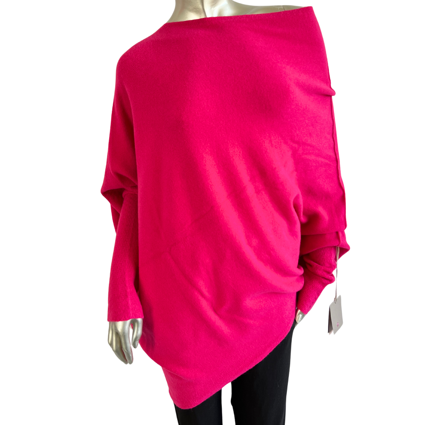 Asymmetric Draped Slouch Neck Soft Jumper with Long Fitted Sleeves in Fuchsia