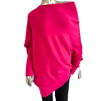 Asymmetric Draped Slouch Neck Soft Jumper with Long Fitted Sleeves in Fuchsia