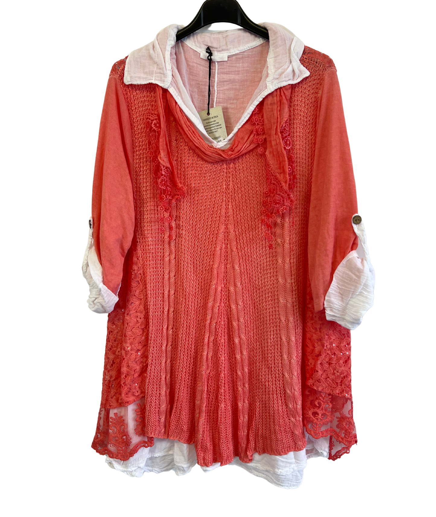 3 Piece Cotton Shirt with Knitted Overtop Tunic and Scarf in Coral