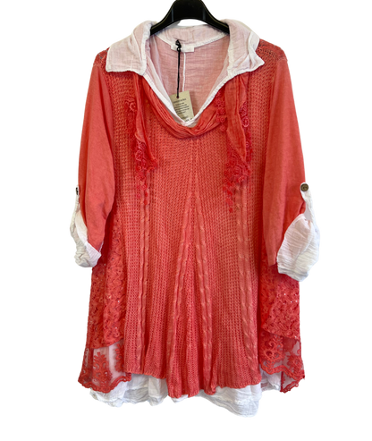 3 Piece Cotton Shirt with Knitted Overtop Tunic and Scarf in Coral