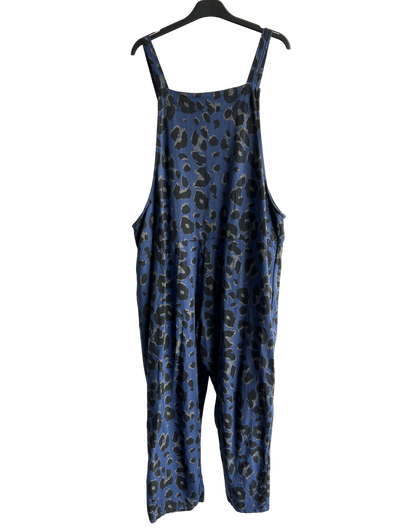 2 Pocket Animal Leopard Print Summer Dungarees In Navy