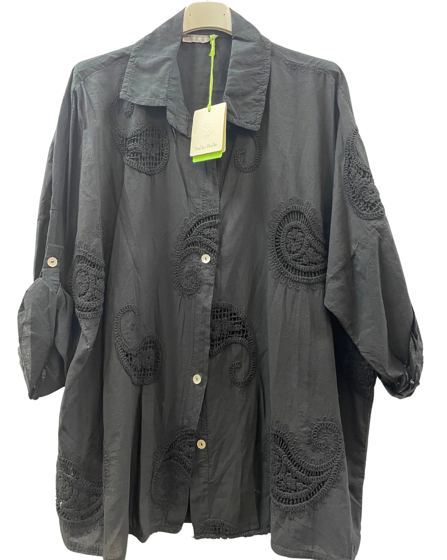 Paisley Design Cotton Shirt with Turn Up Sleeves in Black